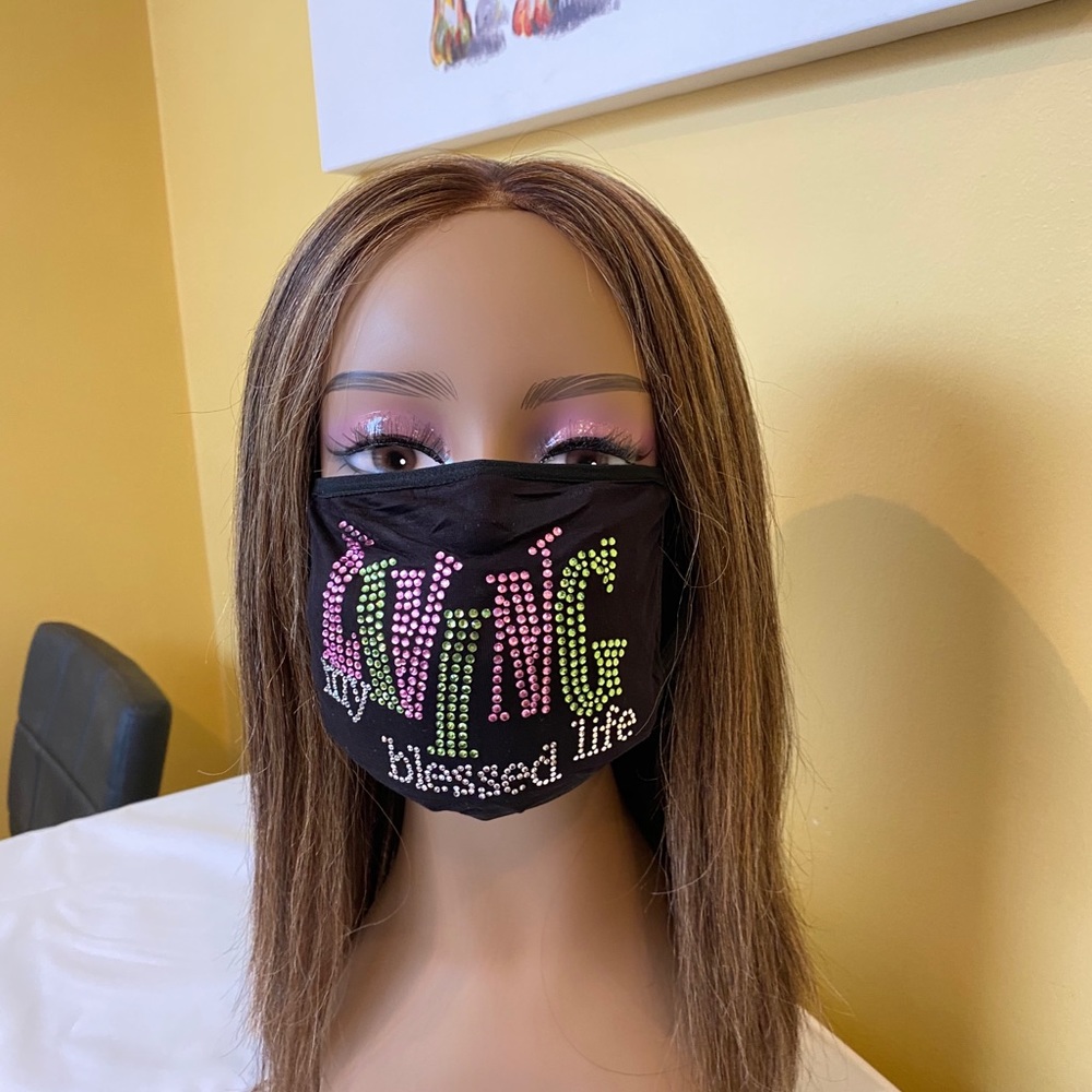 Living My Blessed Life Bling Rhinestone Face Mask Pink and Green - Picture 1 of 8